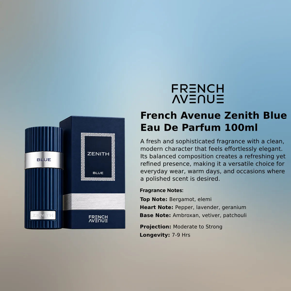 French Avenue Zenith Blue EDP 100ml luxury fragrance at best price, authentic and genuine product - Perfumesouq Qatar