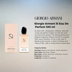 Infographic displaying Giorgio Armani Si Eau De Parfum product details, top notes, heart notes, and base notes breakdown Perfumesouq Qatar