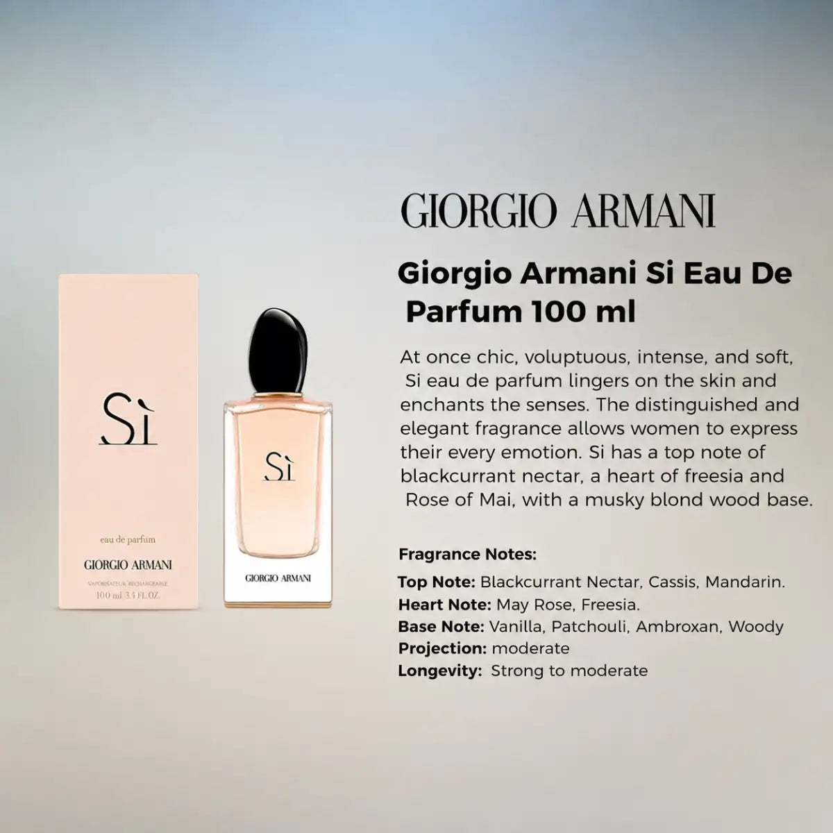 Infographic displaying Giorgio Armani Si Eau De Parfum product details, top notes, heart notes, and base notes breakdown Perfumesouq Qatar