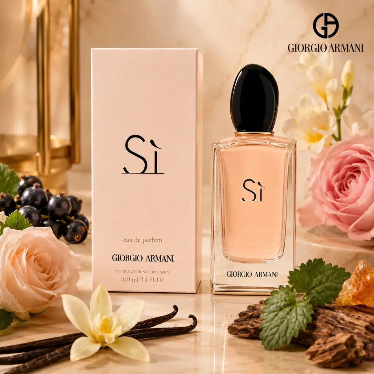Premium lifestyle setup of Giorgio Armani Si Eau De Parfum with vanilla orchids, fresh roses, and blackcurrants Perfumesouq Qatar