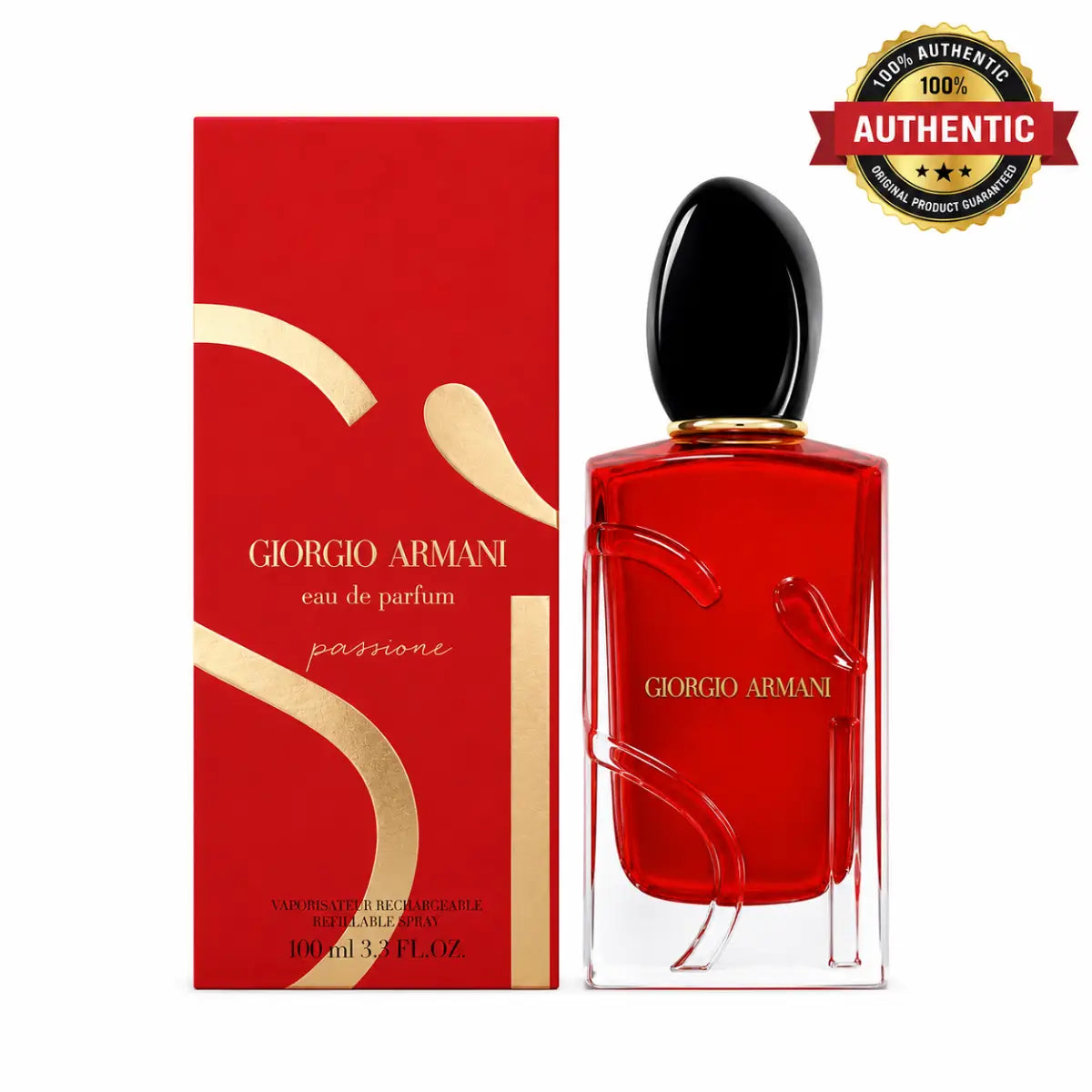 Authentic Giorgio Armani Si Passione perfume bottle and product box displaying a prominent 100 percent original gold and red security badge perfumesouq qatar