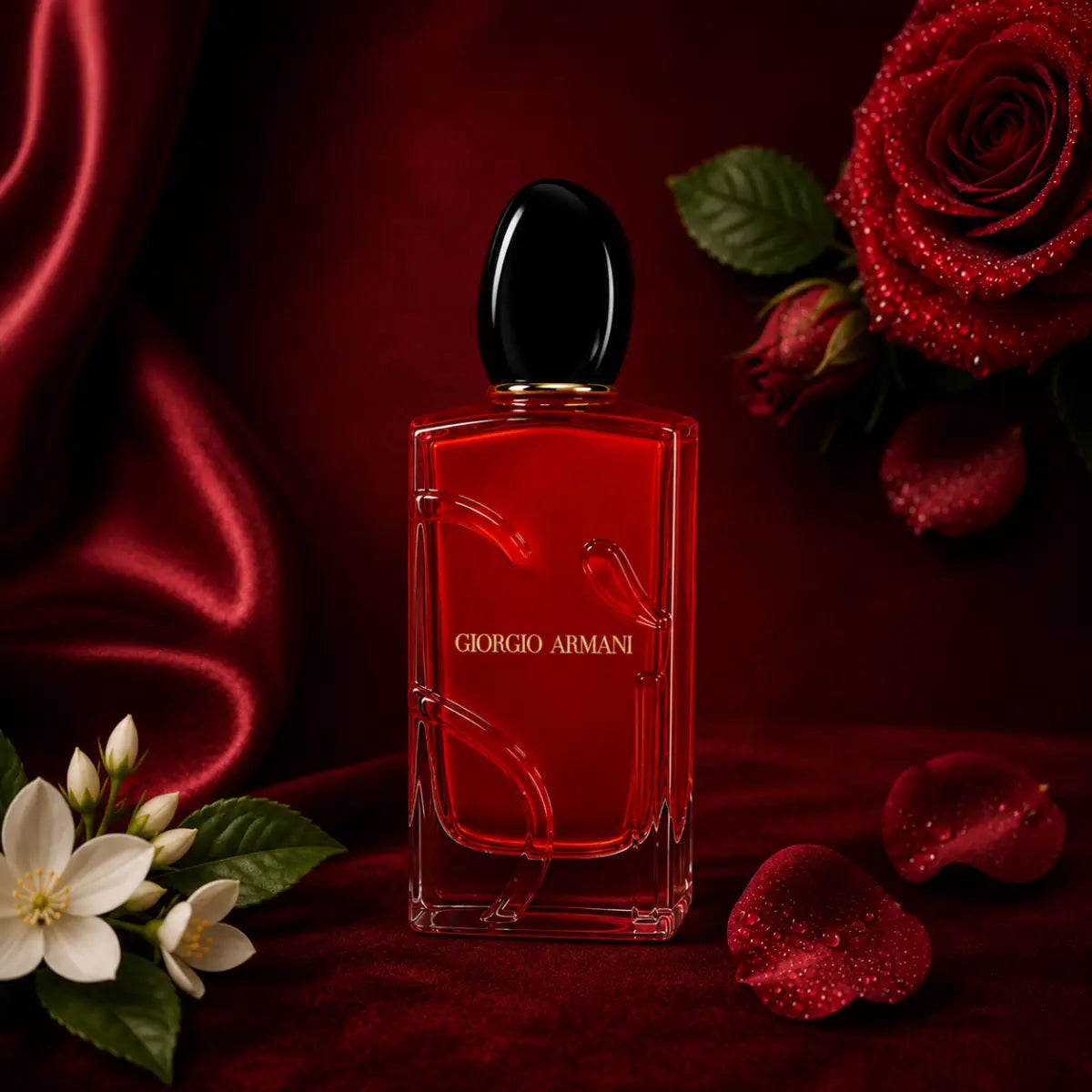 Luxury setup featuring the deep red glass bottle of Giorgio Armani Si Passione nestled among silk fabric folds, red rose petals, and white blossoms perfumesouq qatar