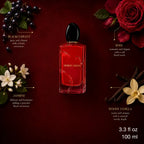 Flat lay infographic of Giorgio Armani Si Passione displaying scent notes like blackcurrant, rose, jasmine, and woody vanilla over a dark red backdrop perfumesouq qatar