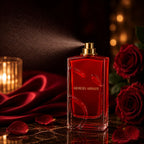 Close-up of Giorgio Armani Si Passione bottle discharging a fine aromatic mist spray in a warm candlelit setting with blurred background bokeh perfumesouq qatar