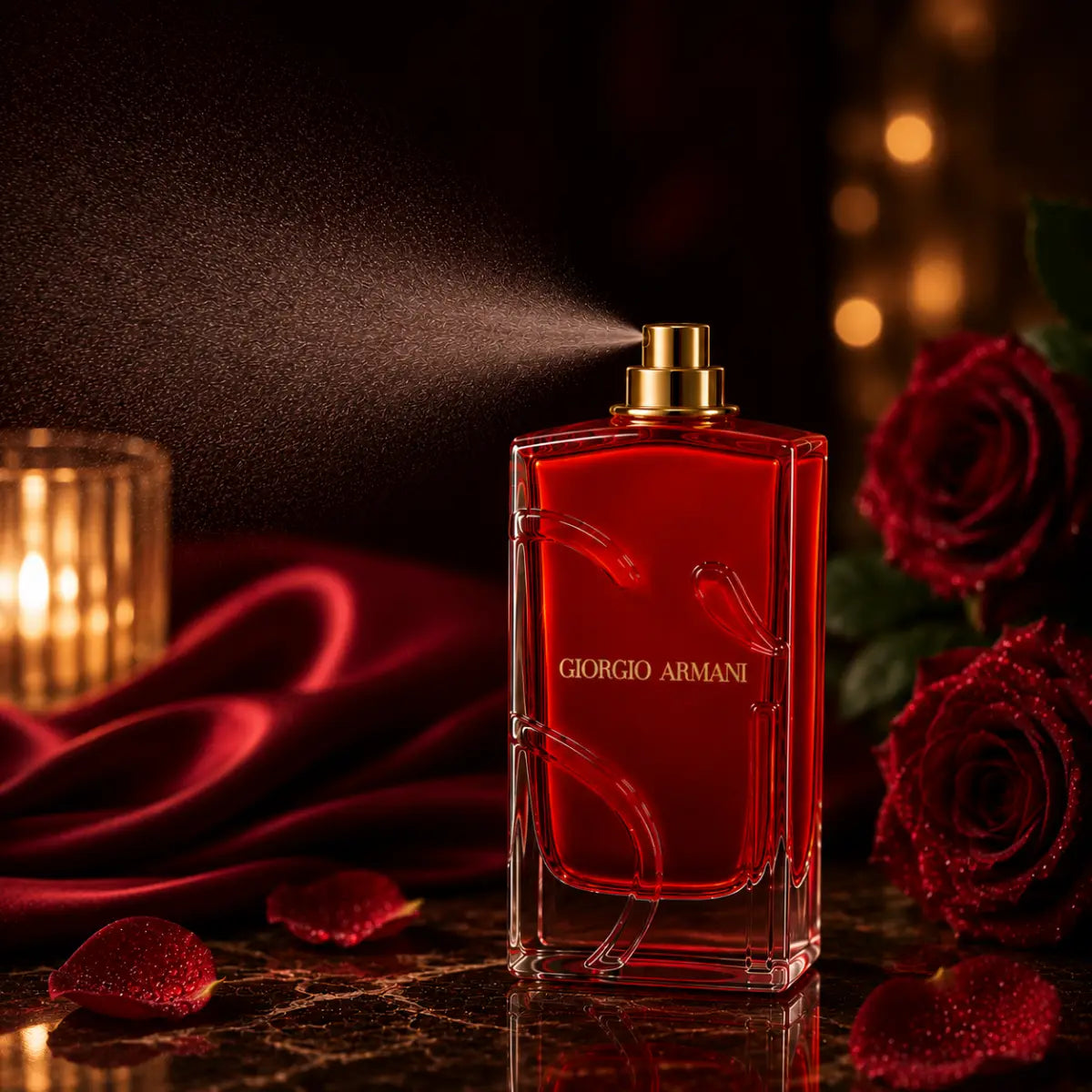 Close-up of Giorgio Armani Si Passione bottle discharging a fine aromatic mist spray in a warm candlelit setting with blurred background bokeh perfumesouq qatar