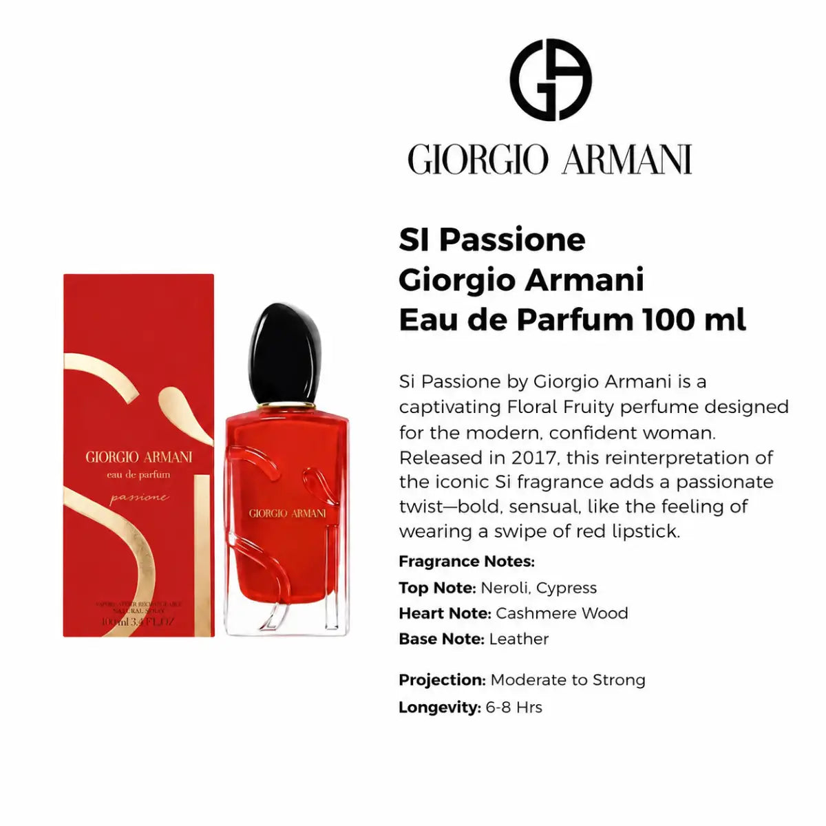 Technical profile card for Giorgio Armani Si Passione Eau De Parfum 100ml explaining performance metrics and core fragrance composition profiles perfumesouq qatar