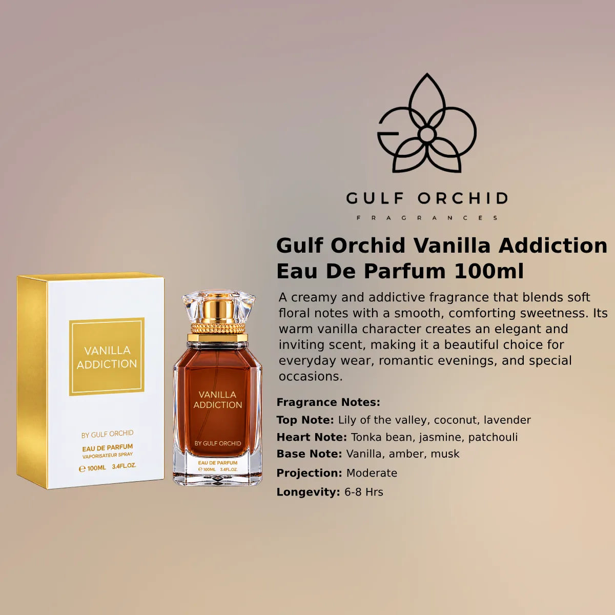 Gulf Orchid Vanilla Addiction EDP 100ml luxury fragrance Online at best price, warm vanilla and coconut scent - Perfumesouq Qatar
