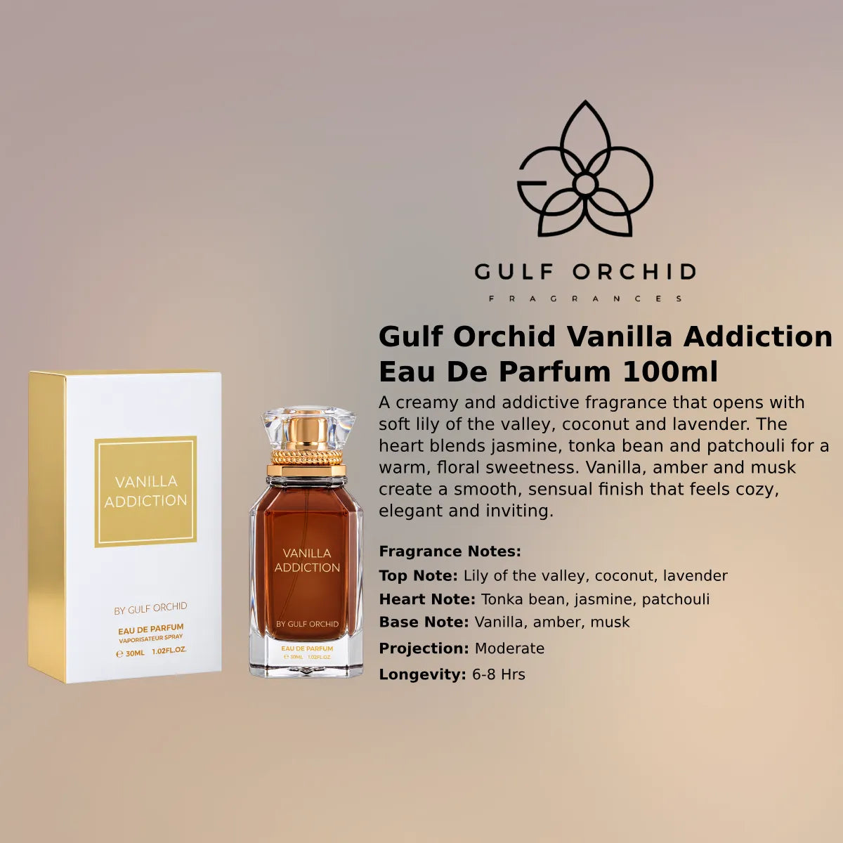 Gulf Orchid Vanilla Addiction EDP 100ml luxury fragrance Online at best price, warm vanilla and coconut scent - Perfumesouq Qatar