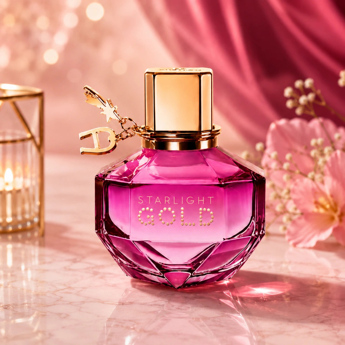 A woman holding the pink faceted bottle of Aigner Starlight Gold Eau de Parfum showcasing the signature gold star and letter charms from perfumesouq qatar
