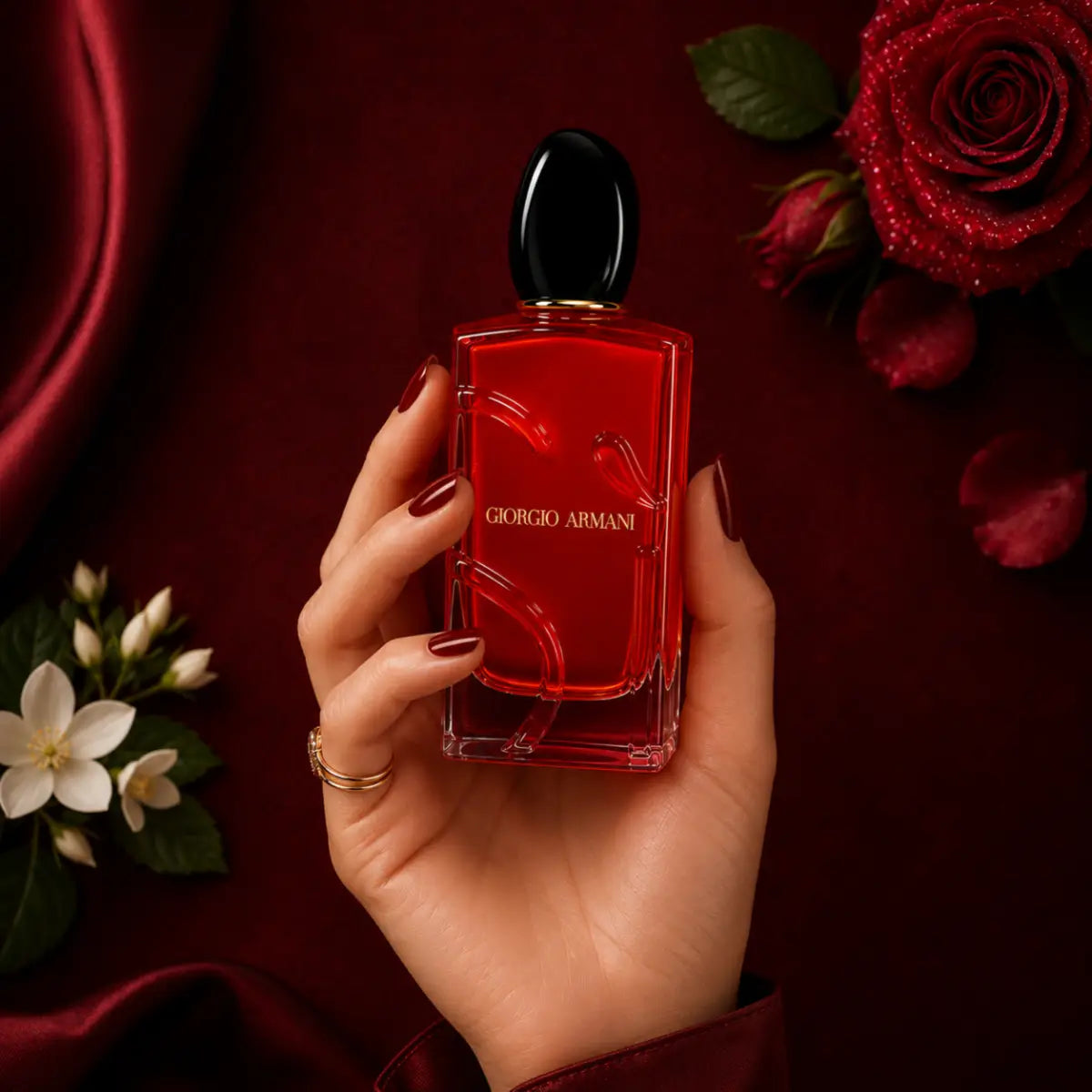 A woman's hand with dark red nail polish carefully holds the signature crimson red Giorgio Armani Si Passione bottle over a matching dark silk surface perfumesouq qatar