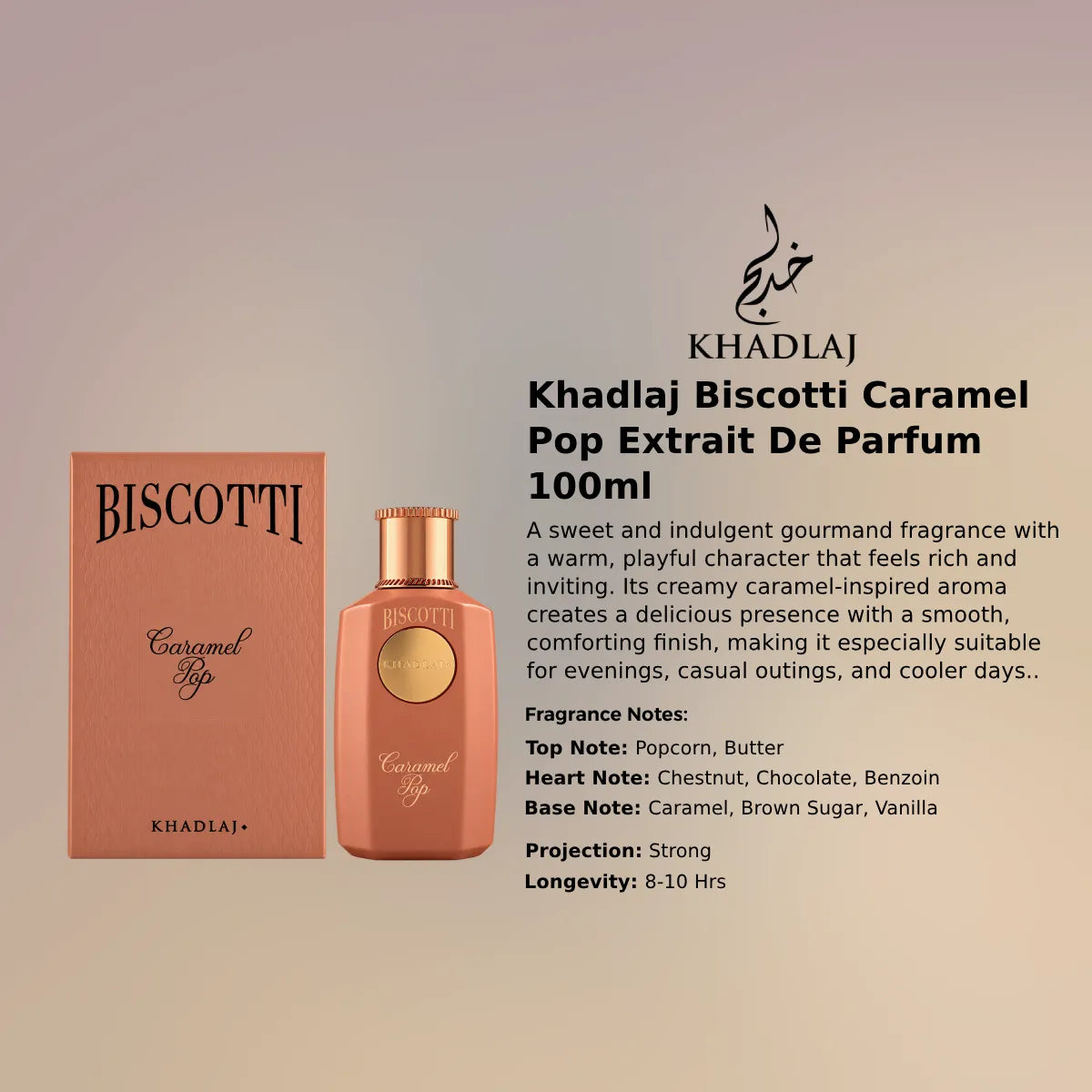 Khadlaj Biscotti Caramel Pop Extrait 100ml luxury fragrance at best price, authentic and genuine product - Perfumesouq Qatar