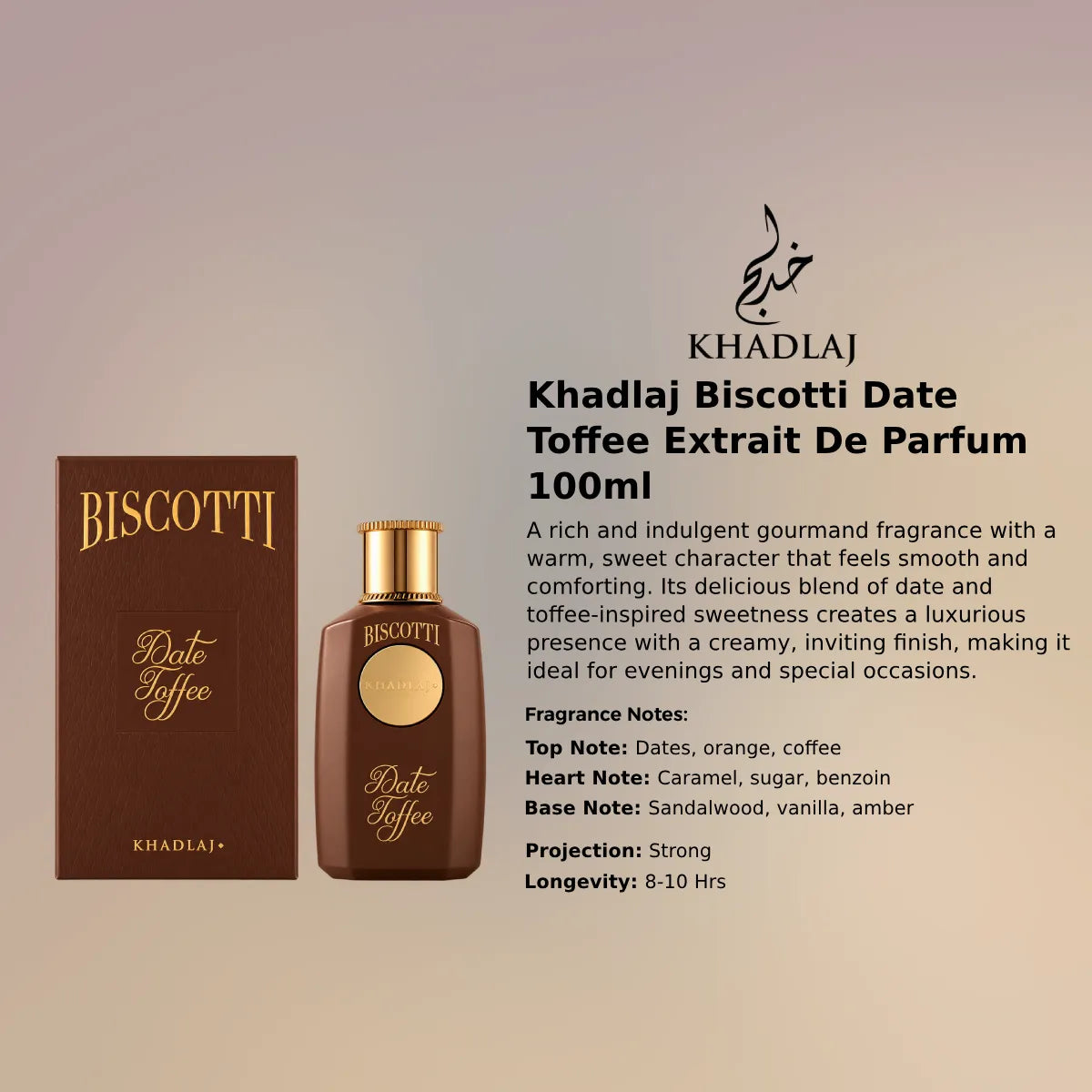 Khadlaj Biscotti Date Toffee Extrait 100ml luxury fragrance at best price, authentic and genuine product - Perfumesouq Qatar