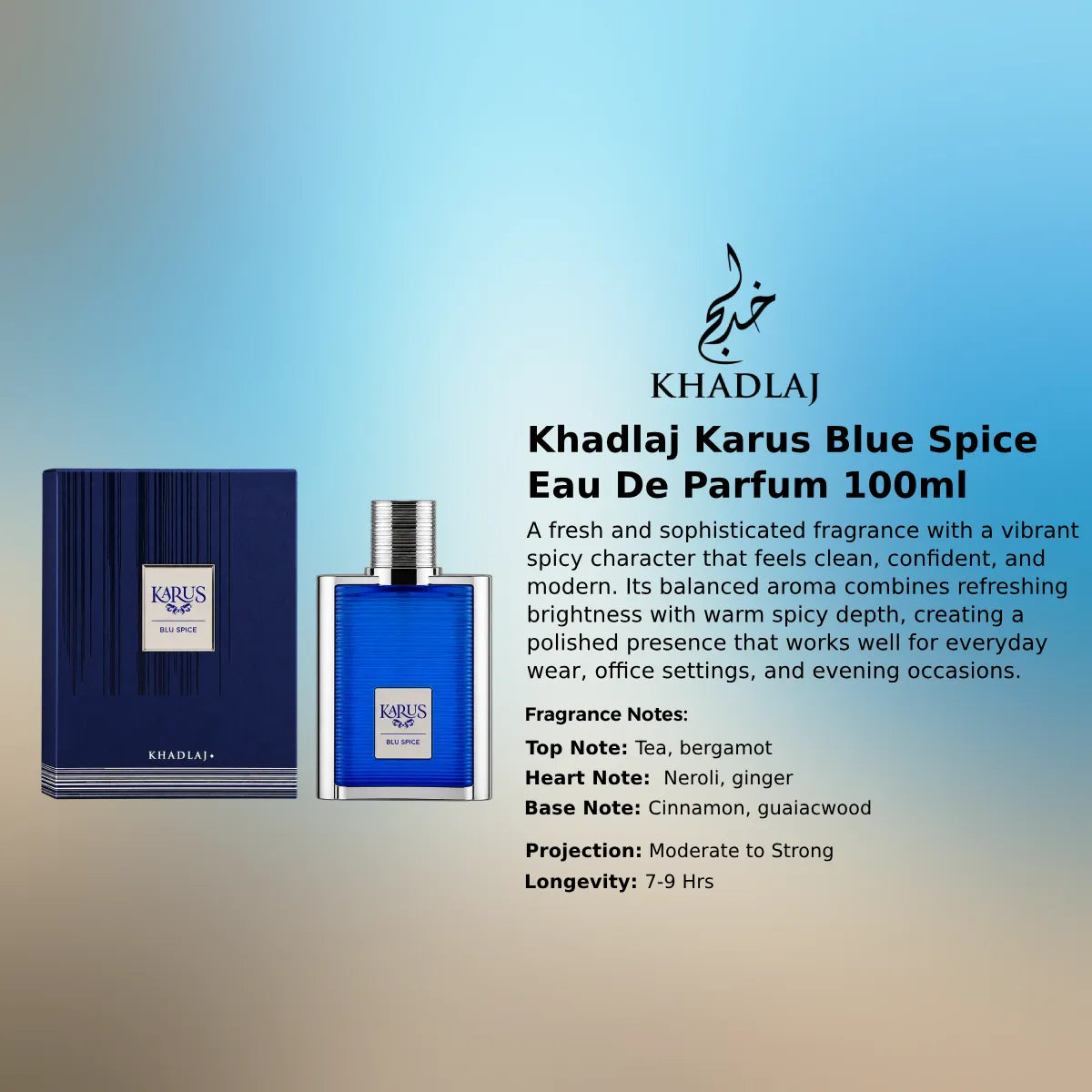 Khadlaj Karus Blue Spice EDP 100ml luxury fragrance at best price, authentic and genuine product - Perfumesouq Qatar