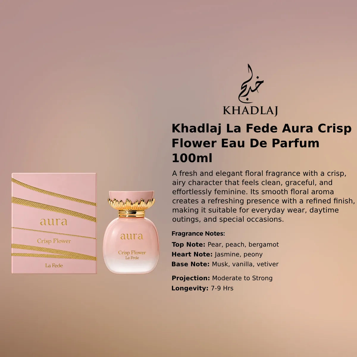 Khadlaj La Fede Aura Crisp Flower EDP 100ml luxury fragrance at best price, authentic and genuine product - Perfumesouq Qatar