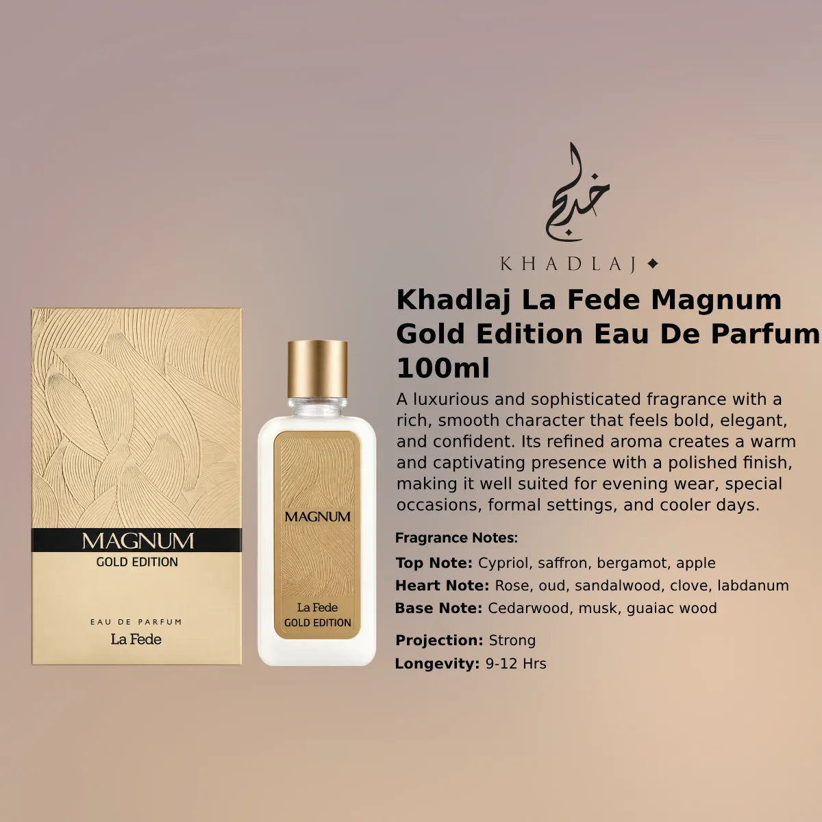 Khadlaj La Fede Magnum Gold Edition EDP 100ml luxury fragrance at best price, authentic and genuine product - Perfumesouq Qatar