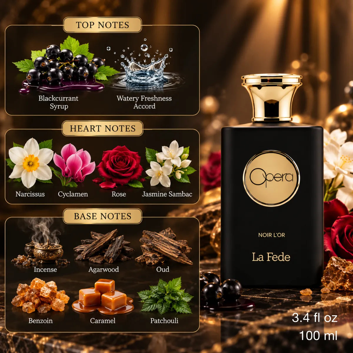 Authentic Khadlaj La Fede Opera Noir Lor Eau De Parfum 100ml for best price with fast delivery - Perfumesouq Qatar