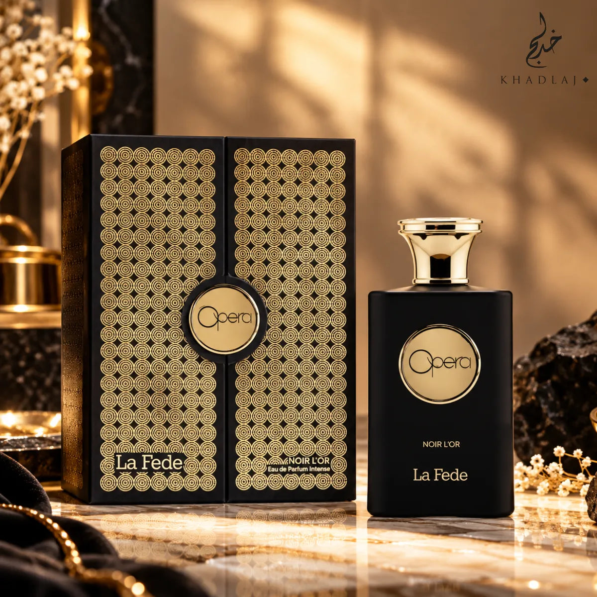 Buy Khadlaj La Fede Opera Noir Lor Eau De Parfum 100ml online for best price, luxury dark fragrance - Perfumesouq Qatar