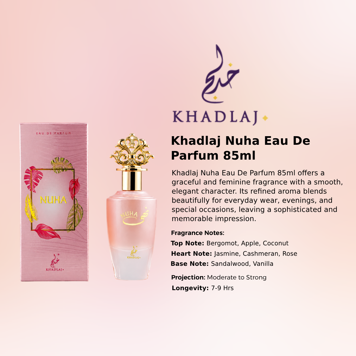 Khadlaj Nuha Eau De Parfum 85ml for best price in Qatar, elegant fragrance with lasting scent - Perfumesouq Qatar