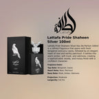 Lattafa Pride Shaheen Silver Eau De Parfum 100ml for best price, elegant citrus woody scent with lasting fragrance - Perfumesouq Qatar