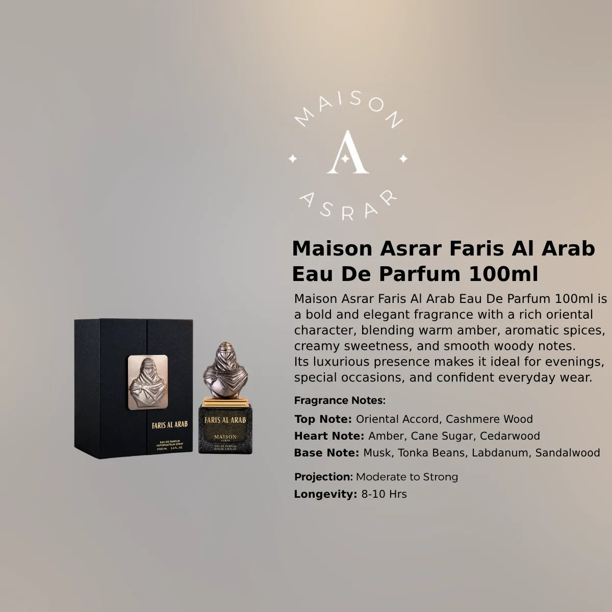 Maison Asrar Faris Al Arab Eau De Parfum 100ml for best price in Qatar, elegant fragrance with lasting scent - Perfumesouq Qatar