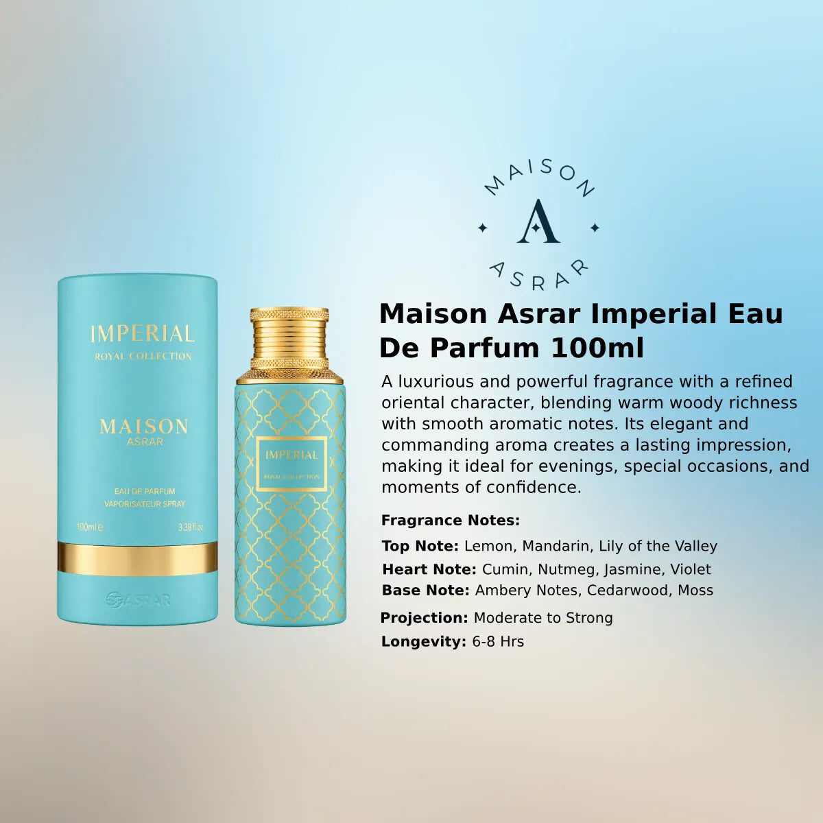 Maison Asrar Imperial EDP 100ml luxury fragrance at best price, authentic and genuine product - Perfumesouq Qatar