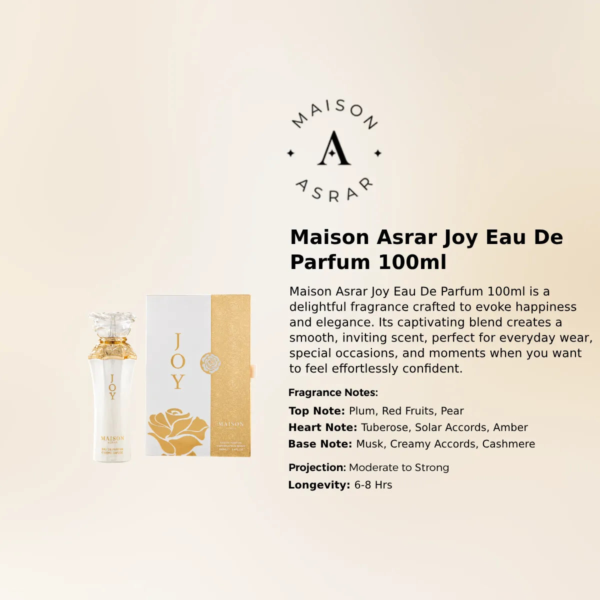 Maison Asrar Joy EDP 100ml luxury fragrance at best price in Qatar, authentic and genuine product - Perfumesouq Qatar