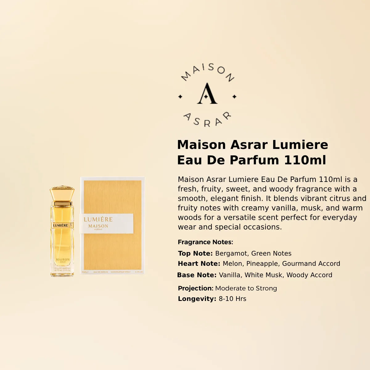 Maison Asrar Lumiere Eau De Parfum 110ml for best price in Qatar, elegant fragrance with lasting scent - Perfumesouq Qatar