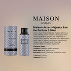 Maison Asrar Majesty Eau De Parfum 100ml for best price, grapefruit and ginger scent with lasting fragrance - Perfumesouq Qatar
