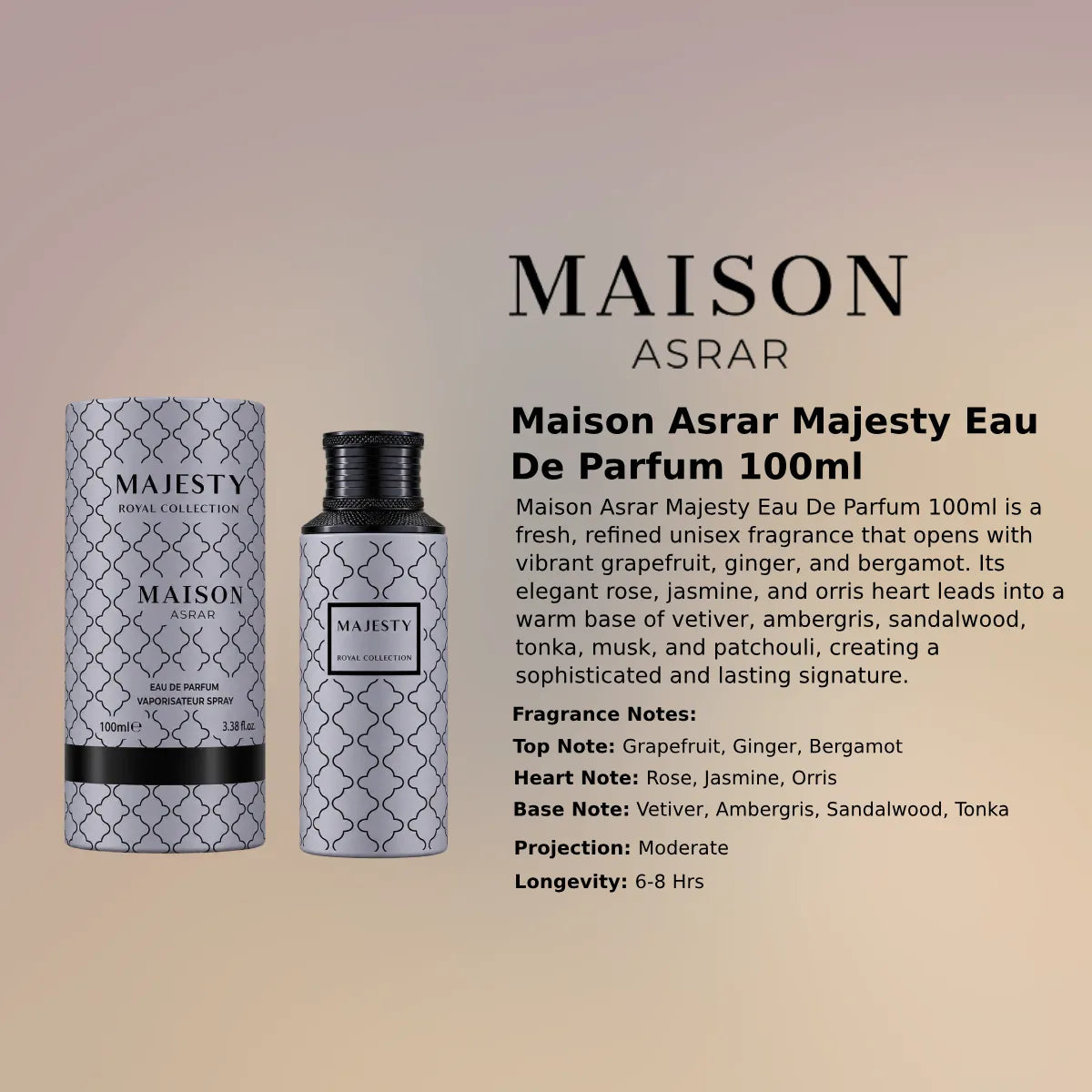 Maison Asrar Majesty Eau De Parfum 100ml for best price, grapefruit and ginger scent with lasting fragrance - Perfumesouq Qatar