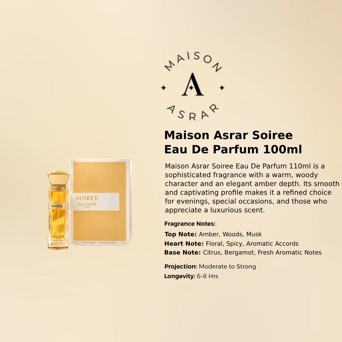 Maison Asrar Soiree Eau De Parfum 110ml for best price in Qatar, elegant fragrance with lasting scent - Perfumesouq Qatar