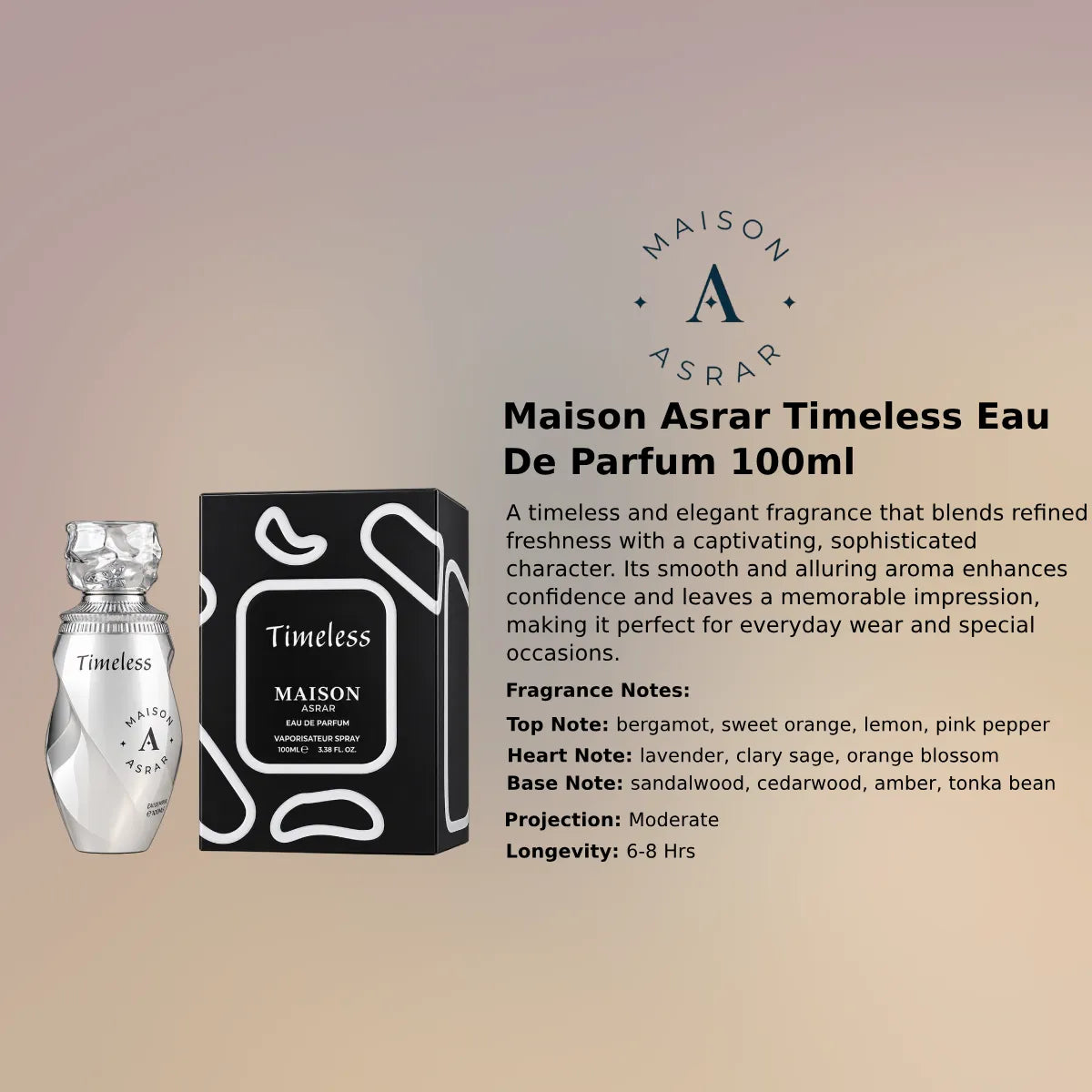 Maison Asrar Timeless EDP 100ml luxury fragrance at best price in Qatar, authentic and genuine product - Perfumesouq Qatar