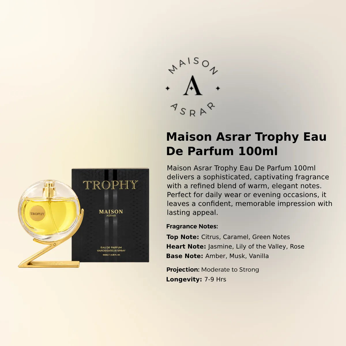 Maison Asrar Trophy Eau De Parfum 100ml for best price in Qatar, elegant fragrance with lasting scent - Perfumesouq Qatar