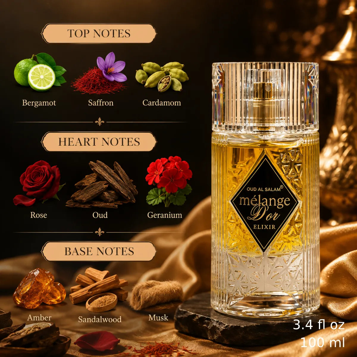 Authentic Oud Al Salam Melange Dor Elixir Eau De Parfum 100ml for best price with fast delivery - Perfumesouq Qatar