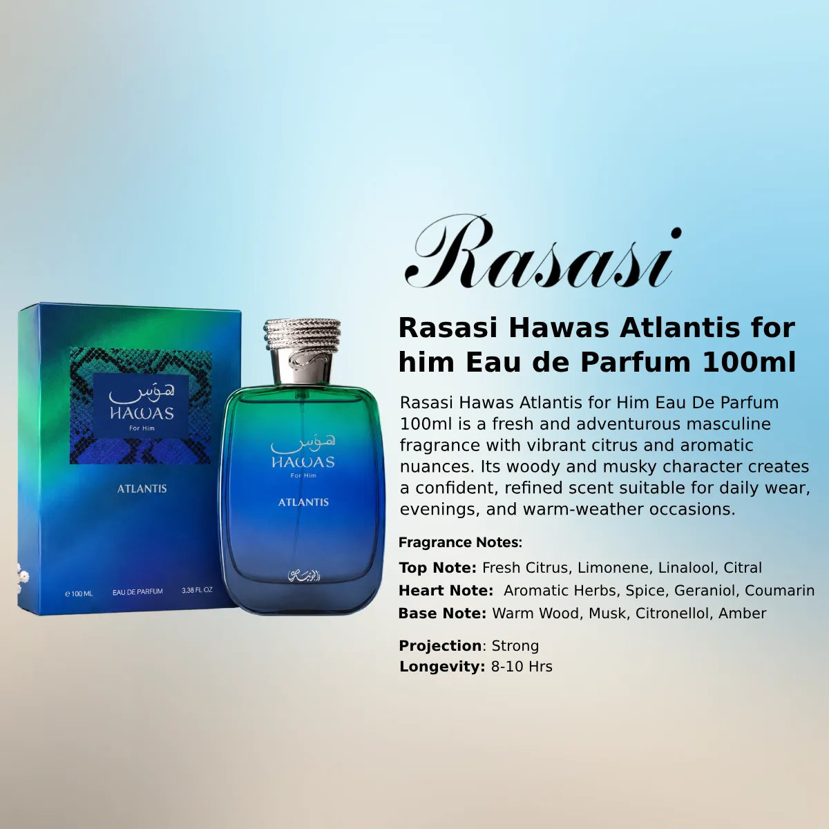 Rasasi Hawas Atlantis for Him EDP 100ml fresh woody fragrance at best price, authentic and genuine product - Perfumesouq Qatar