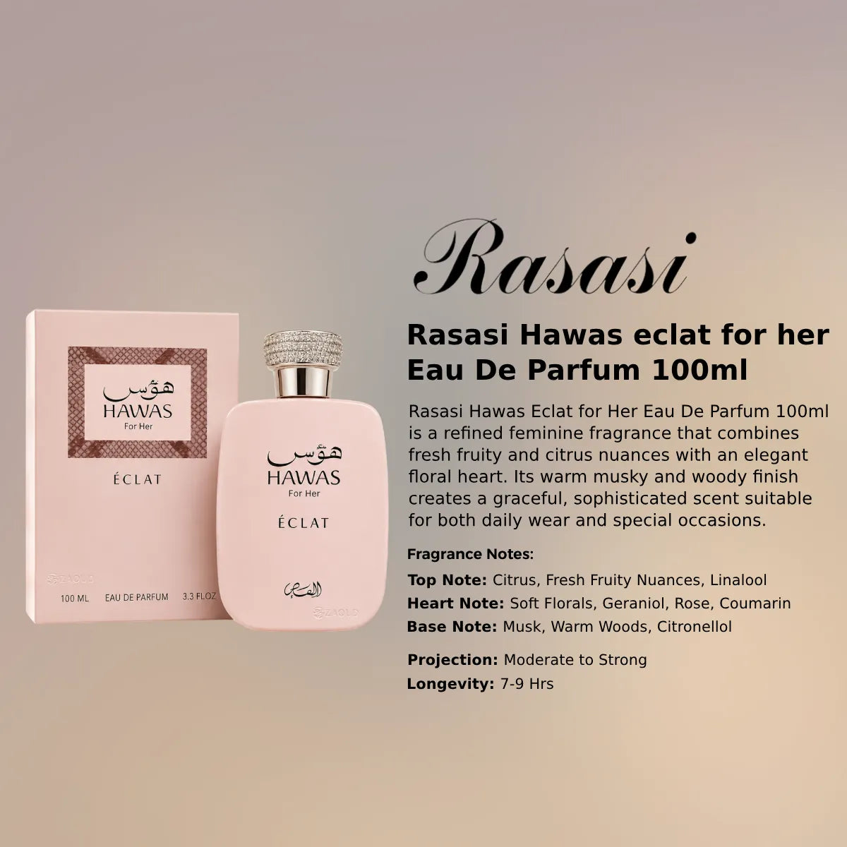 Rasasi Hawas Eclat for Her EDP 100ml floral fragrance at best price, authentic and genuine product - Perfumesouq Qatar