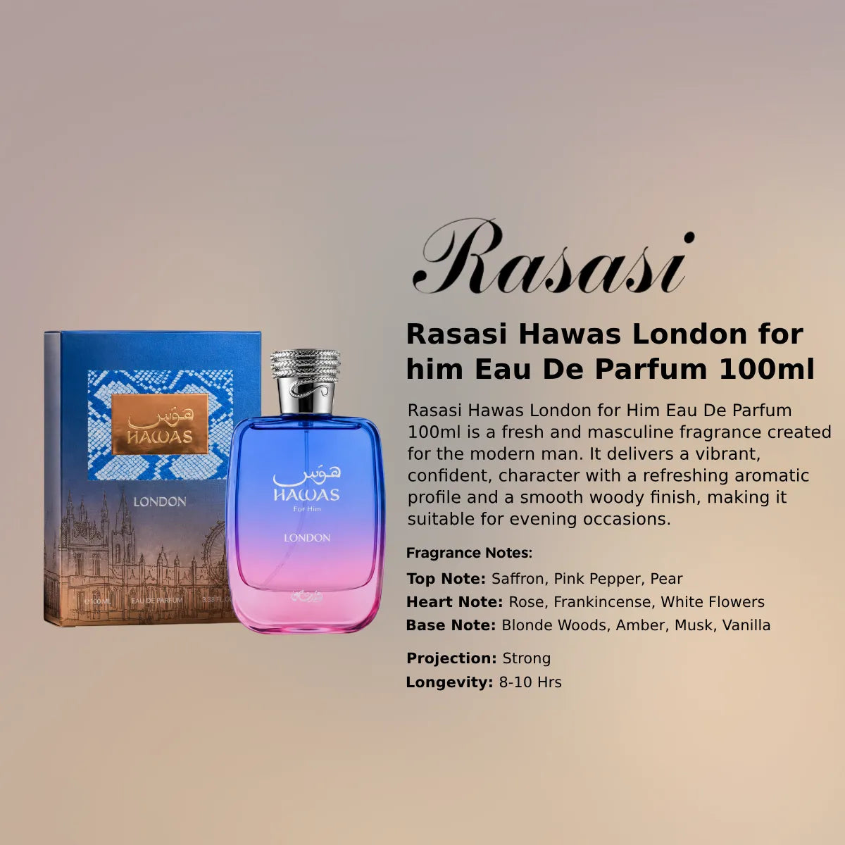 Rasasi Hawas London for Him EDP 100ml fresh masculine fragrance at best price, authentic and genuine product - Perfumesouq Qatar