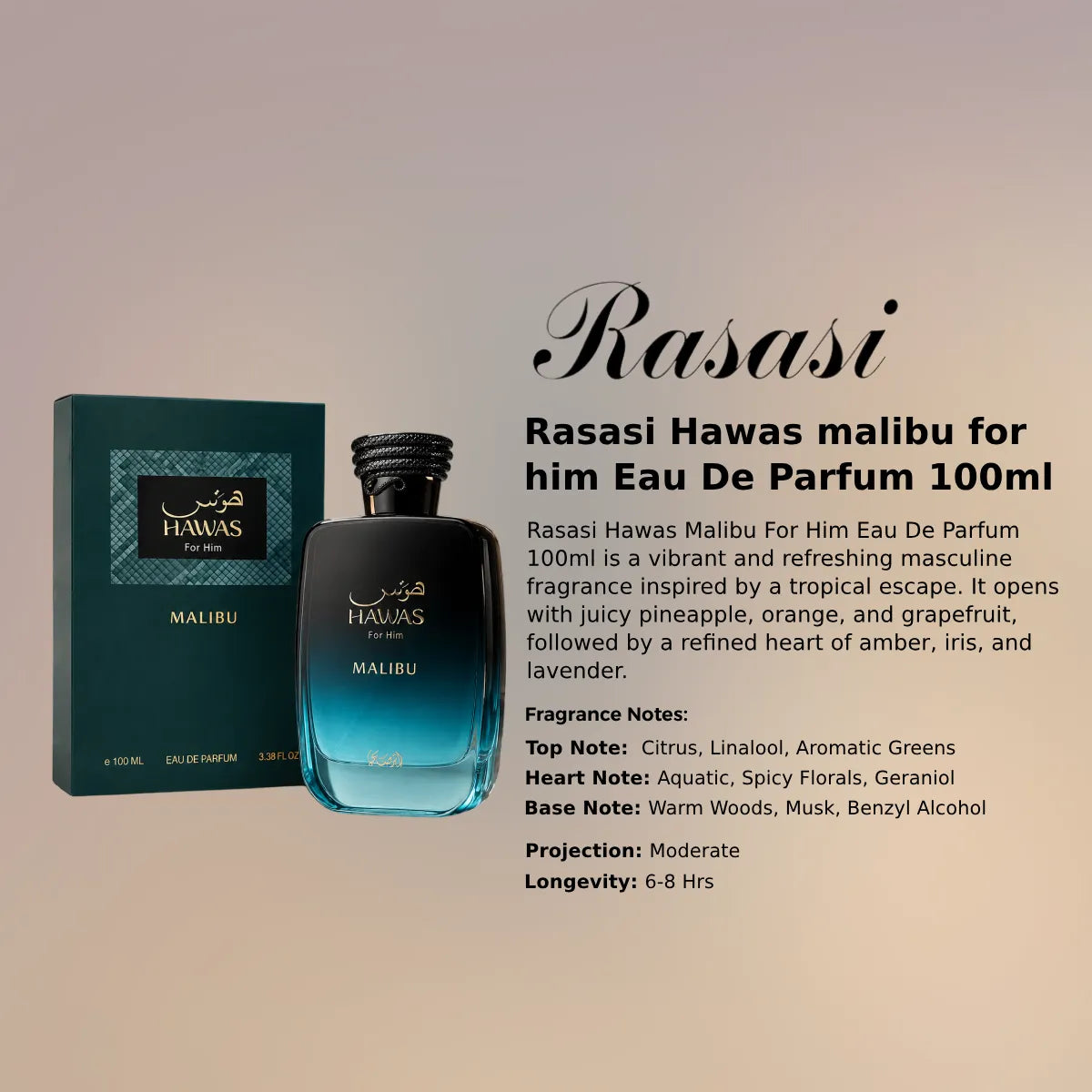 Rasasi Hawas Malibu for Him EDP 100ml fresh fragrance at best price, authentic and genuine product - Perfumesouq Qatar