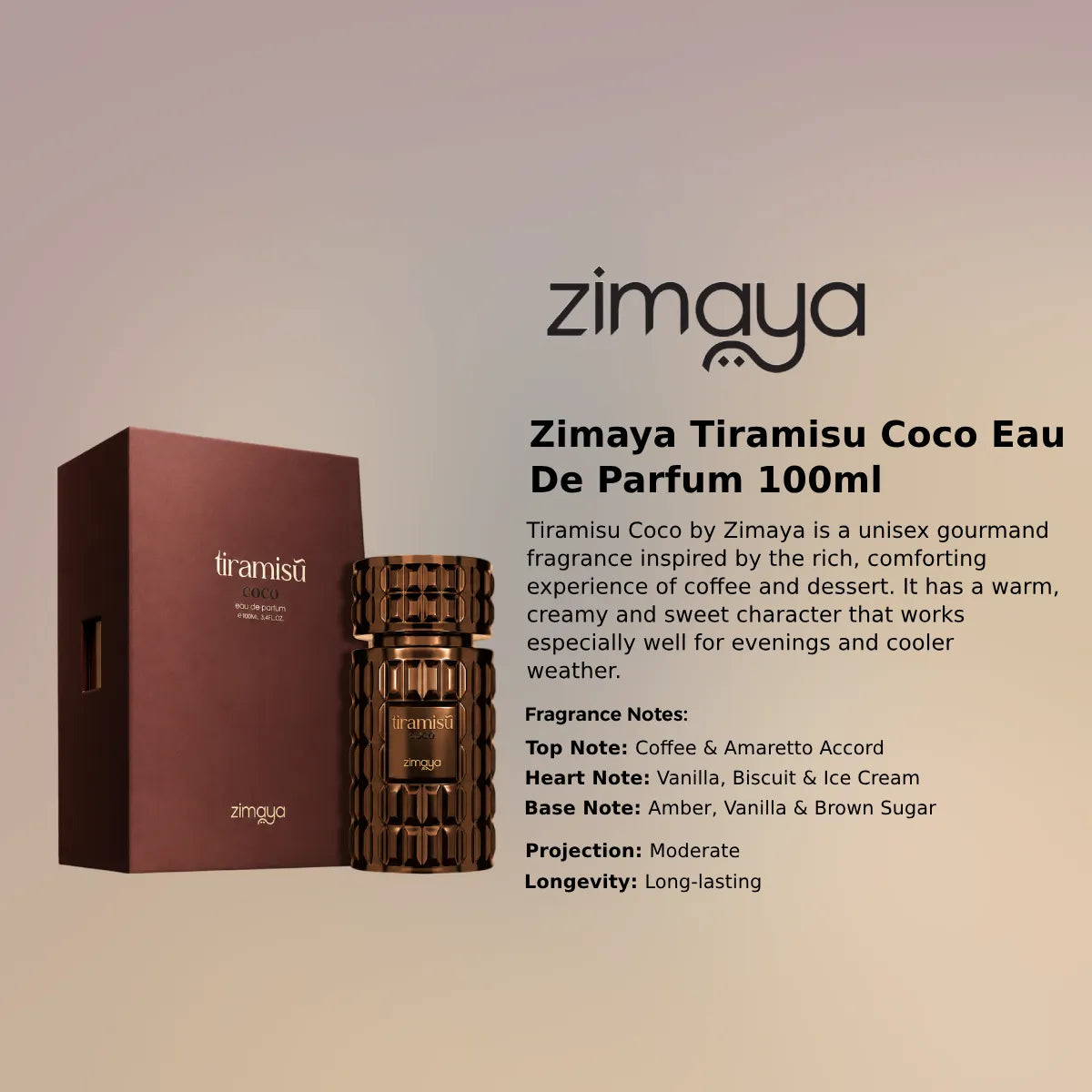 Zimaya Tiramisu Coco EDP 100ml gourmand fragrance at best price in Qatar, authentic and genuine product - Perfumesouq Qatar