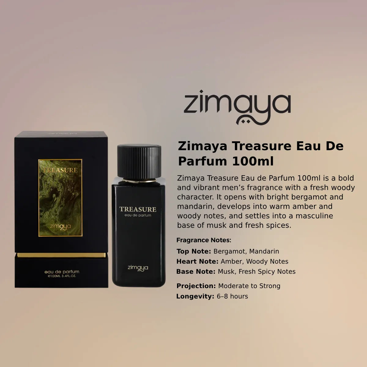  Zimaya Treasure EDP 100ml fresh woody fragrance at best price, authentic and genuine product - Perfumesouq Qatar